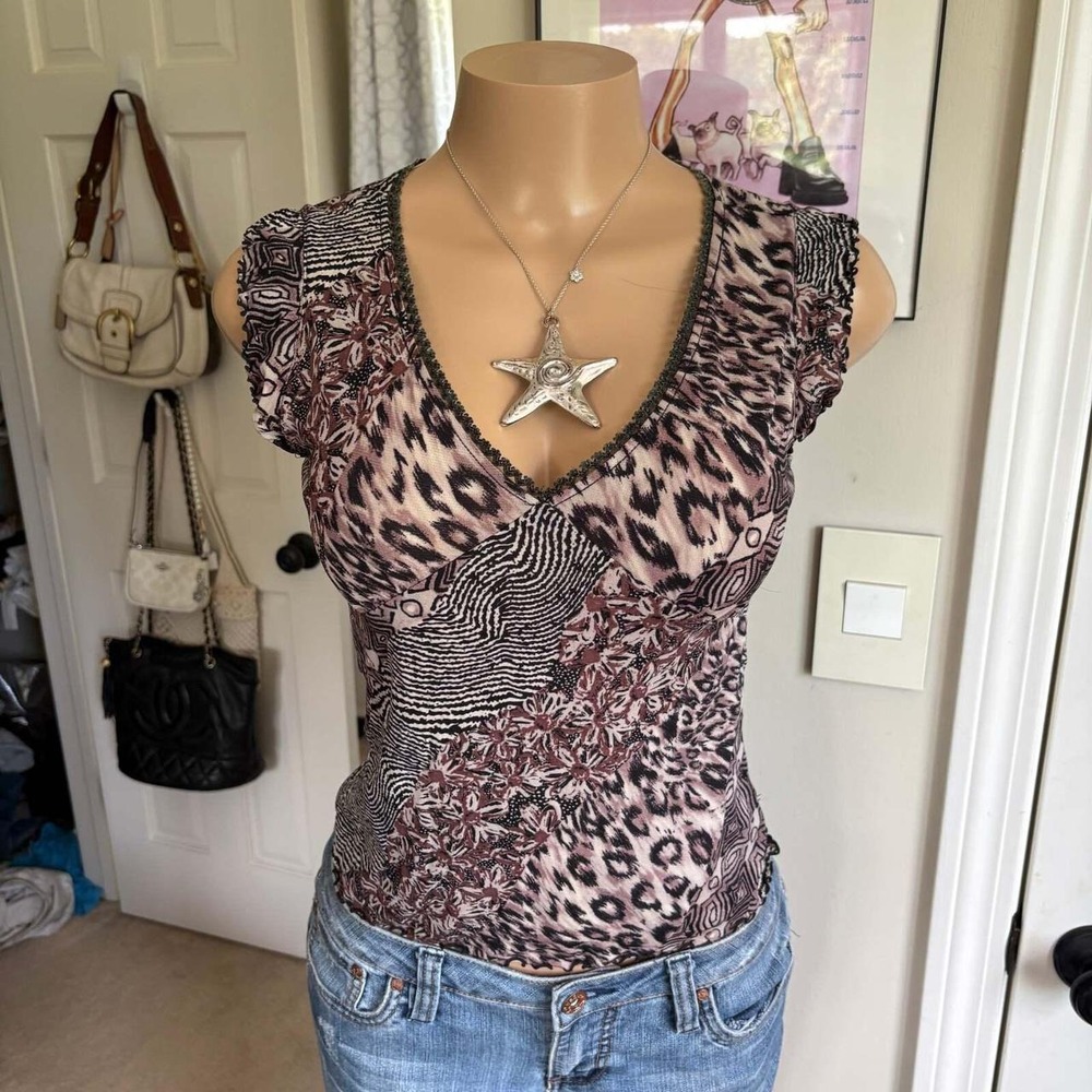00s leopard patchwork mesh top (size S/M)